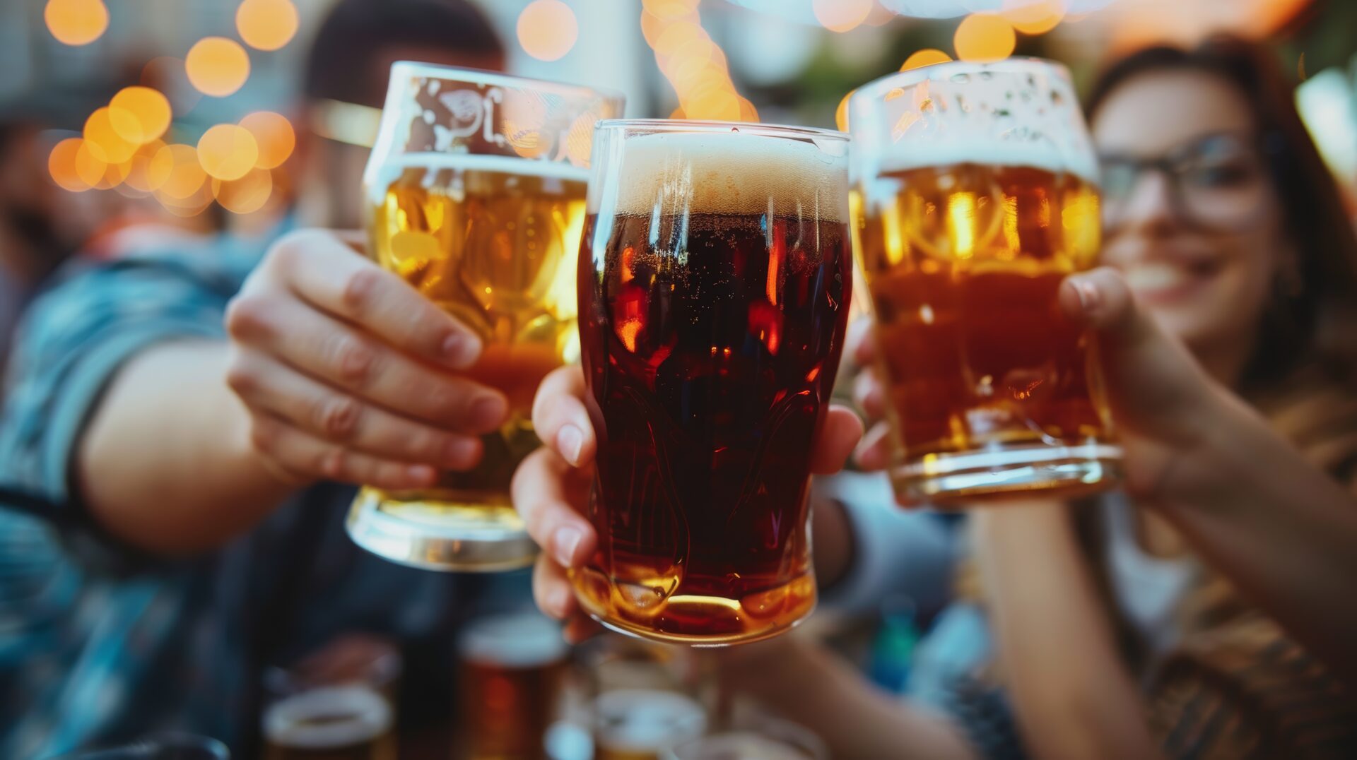 Close-up of friends toasting with different types of beer in a joyful outdoor setting with warm, festive lights