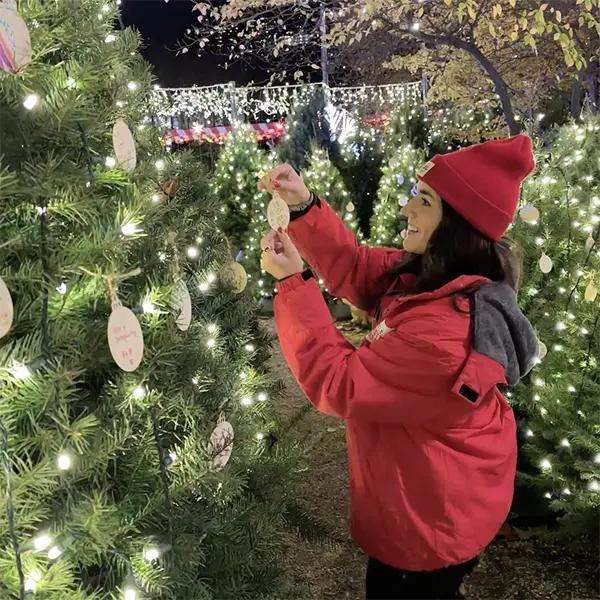 Person hanging a wish on a Christmas tree.